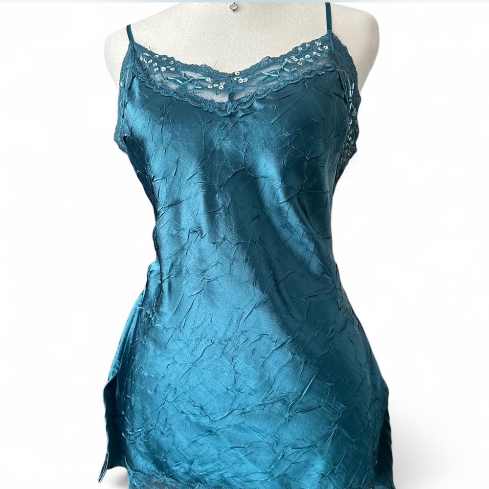 No Boundaries Teal Lace-Trim Satin Slip